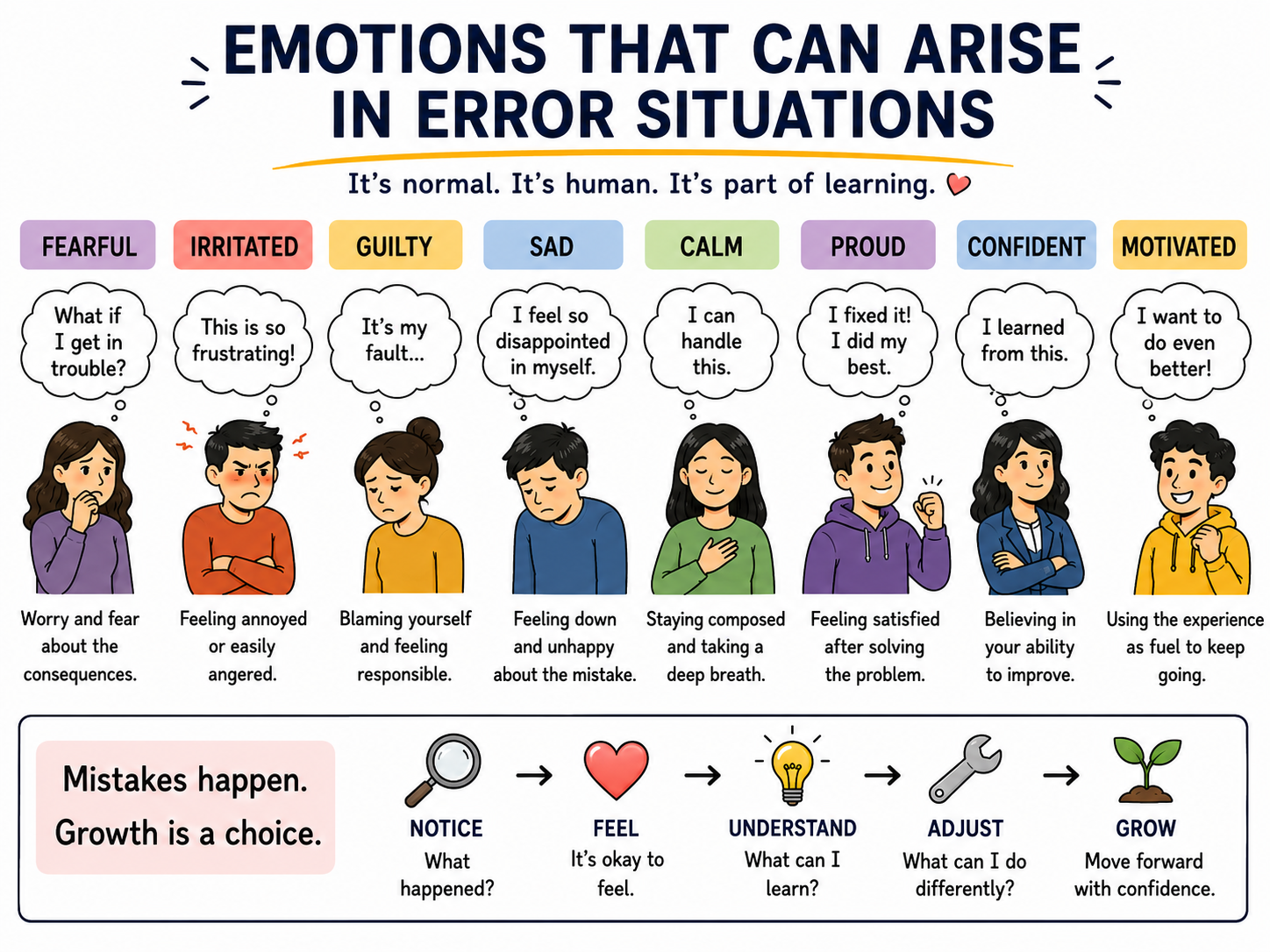 Infographic showing emotional responses to error situations and a progression from fear and irritation toward learning, adaptation and growth.
